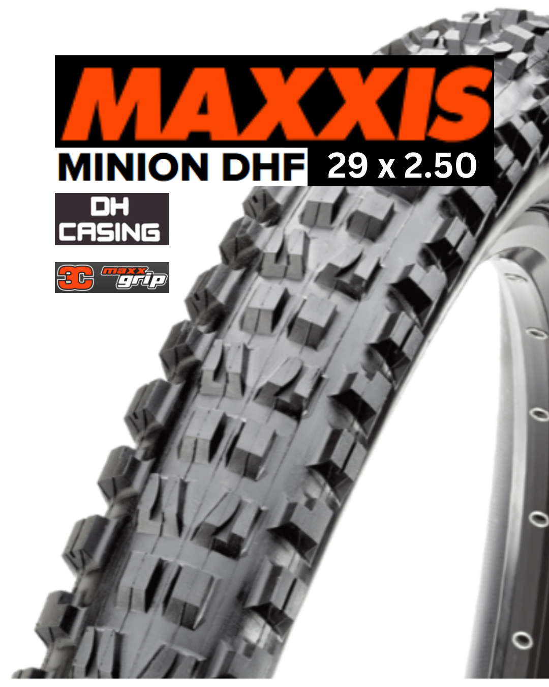 Maxxis Minion DHF bicycle tire with tread pattern and branding on a white background