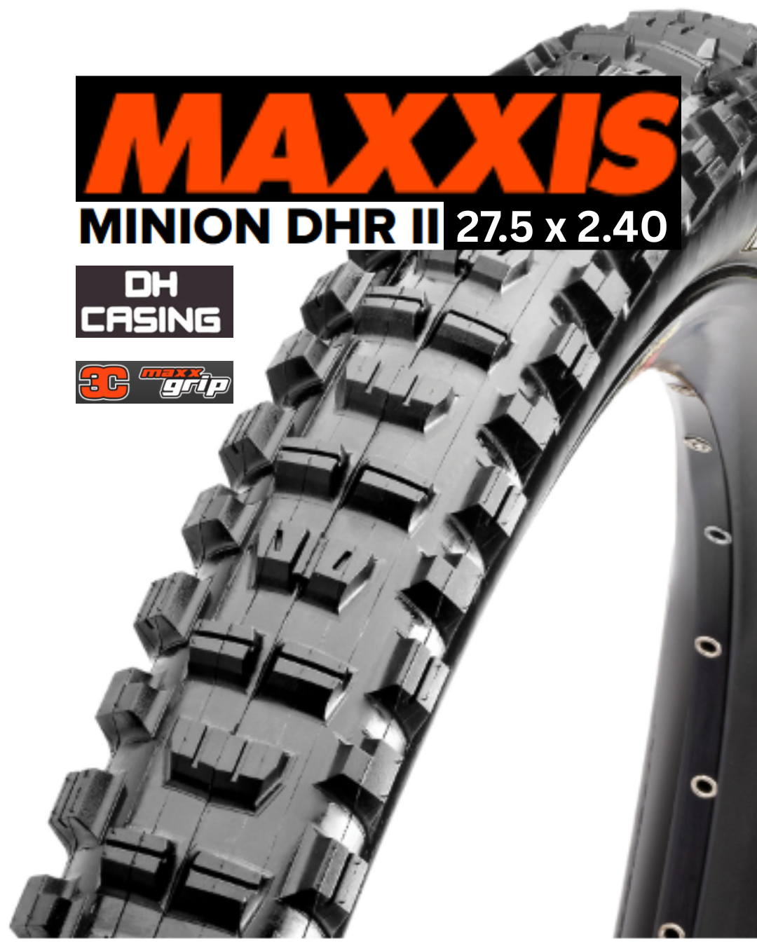 Maxxis Minion DHR II bicycle tire with tread pattern and branding on a white background