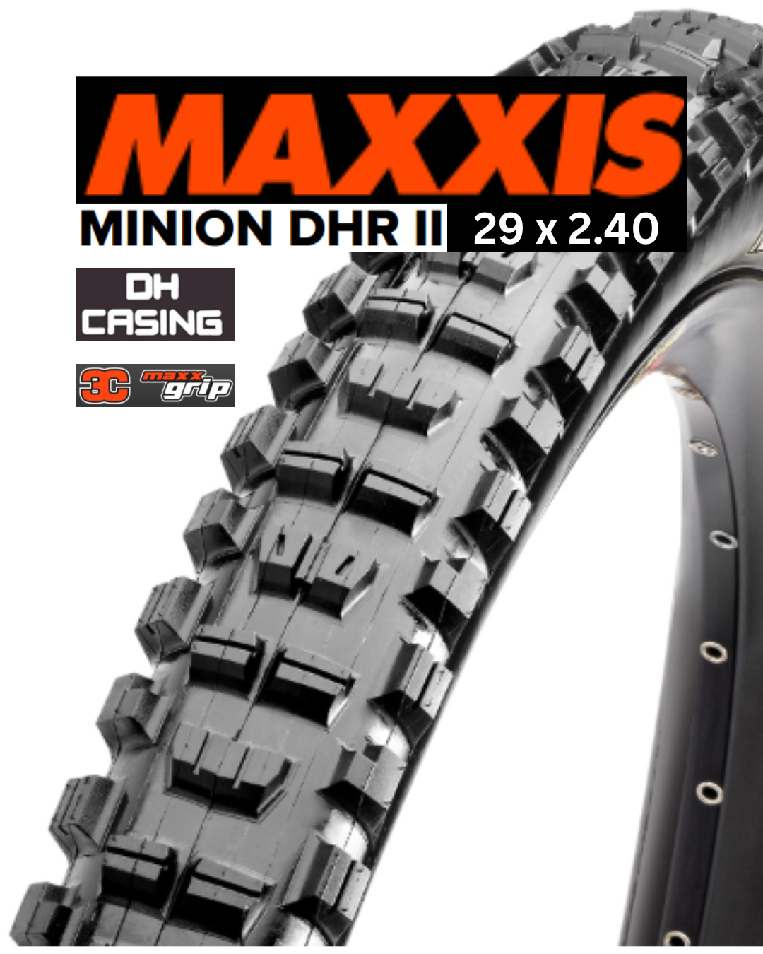 Maxxis Minion DHR II bicycle tire with tread pattern and branding on a white background