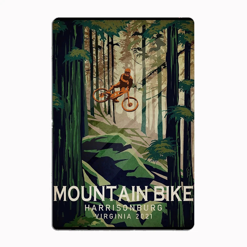 Mountain Bike Enduro & Downhill metal tin sign featuring dramatic mountain biker navigating through mystical forest landscape with towering trees and atmospheric green lighting