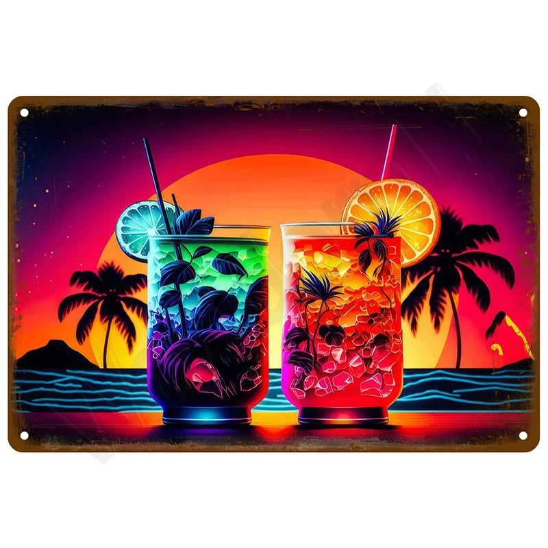 Tropical cocktails sunset metal tin sign featuring two neon-style illuminated cocktails in electric blue and fiery red orange with citrus slices and tropical flowers against dramatic sunset backdrop with silhouetted palm trees, glowing orange sun, and turquoise ocean waves with vibrant magenta to orange gradient sky