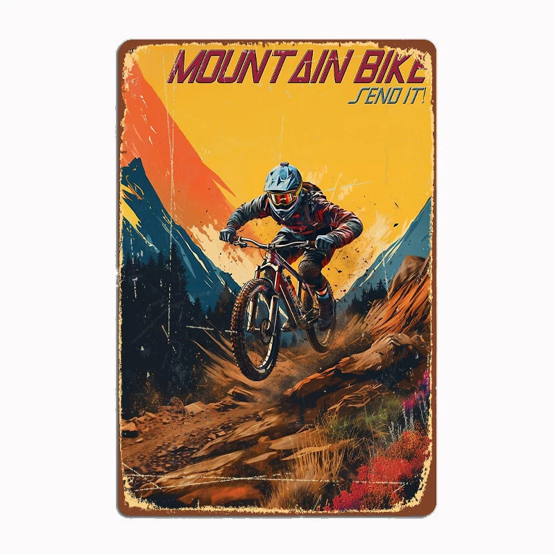 Mountain bike retro vintage metal tin sign featuring dynamic mountain biker silhouette against dramatic sunset landscape with classic distressed edges and authentic weathered finish
