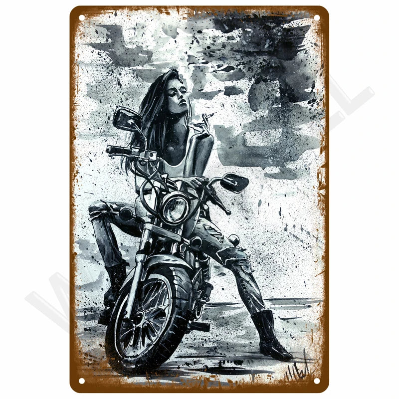 Biker girl motorcycle couple metal tin sign featuring artistic black and white design with painterly brushstrokes showing romantic couple on motorcycle with dramatic contrast and vintage distressed edges