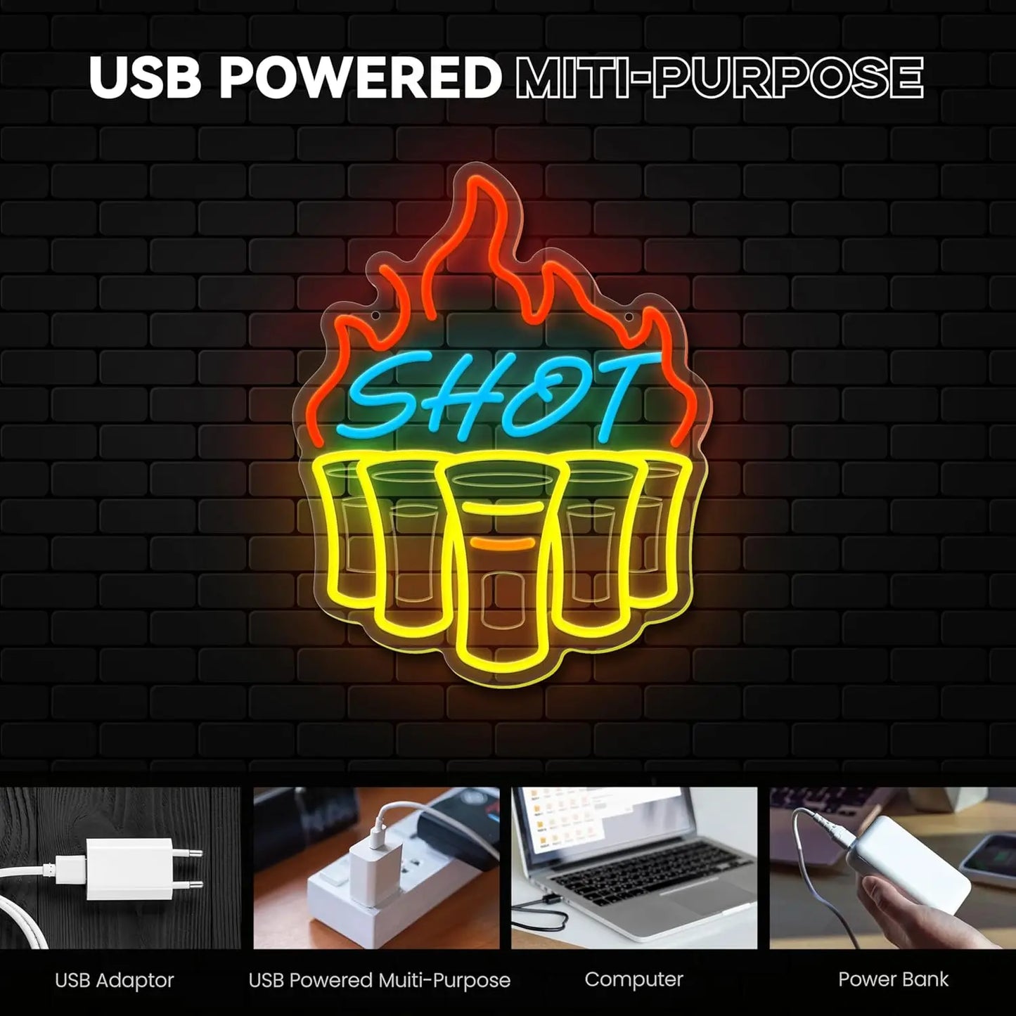 SHOT LED neon wall light close-up showing colorful shot glasses and flame design on white background