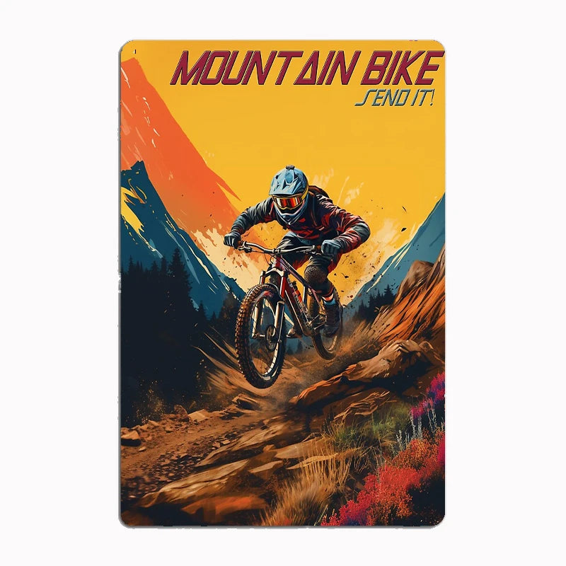 Mountain bike retro metal tin sign featuring vintage MTB design with mountain biker silhouette against dramatic sunset landscape