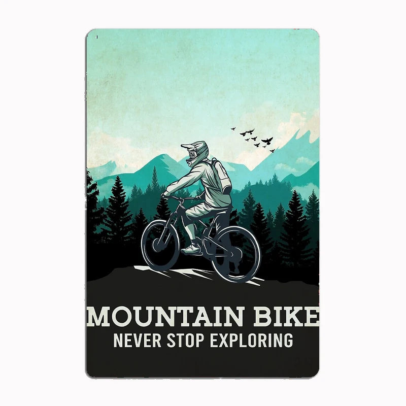 Mountain Bike Never Stop Exploring metal tin sign featuring dramatic mountain biker silhouette against vibrant turquoise mountain landscape with soaring birds and inspirational typography