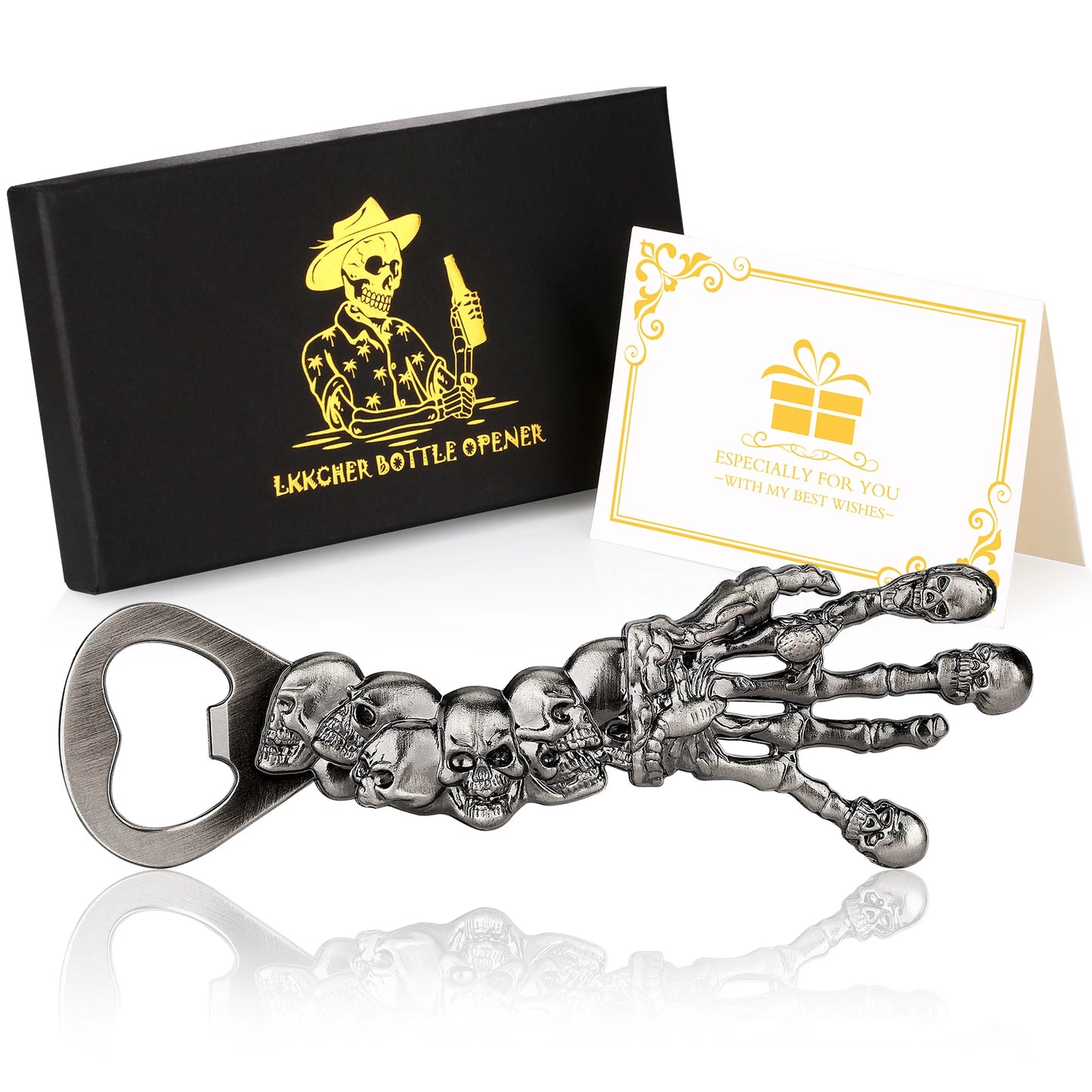Skull Chain Bottle Opener Keychain in brass metal with linked skull design - unique EDC accessory - silver and box