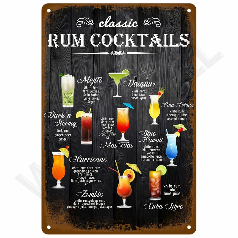 Classic Rum Cocktails recipe metal tin sign featuring 9 rum drink recipes including Mojito, Daiquiri, Piña Colada, Mai Tai, Blue Hawaii with colorful cocktail illustrations and ingredient lists on rustic dark wood background with vintage typography