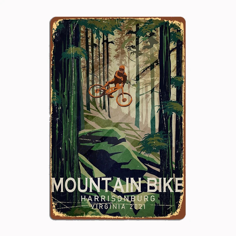 Mountain Bike Enduro & Downhill vintage metal tin sign featuring dramatic mountain biker navigating through mystical forest landscape with classic distressed edges and authentic weathered finish