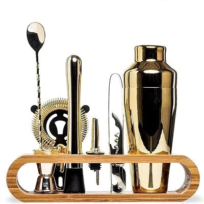 Luxury Cocktail Bar Set 10-Piece Mixology Kit with bamboo stand in gold plated finish - premium bartender tools