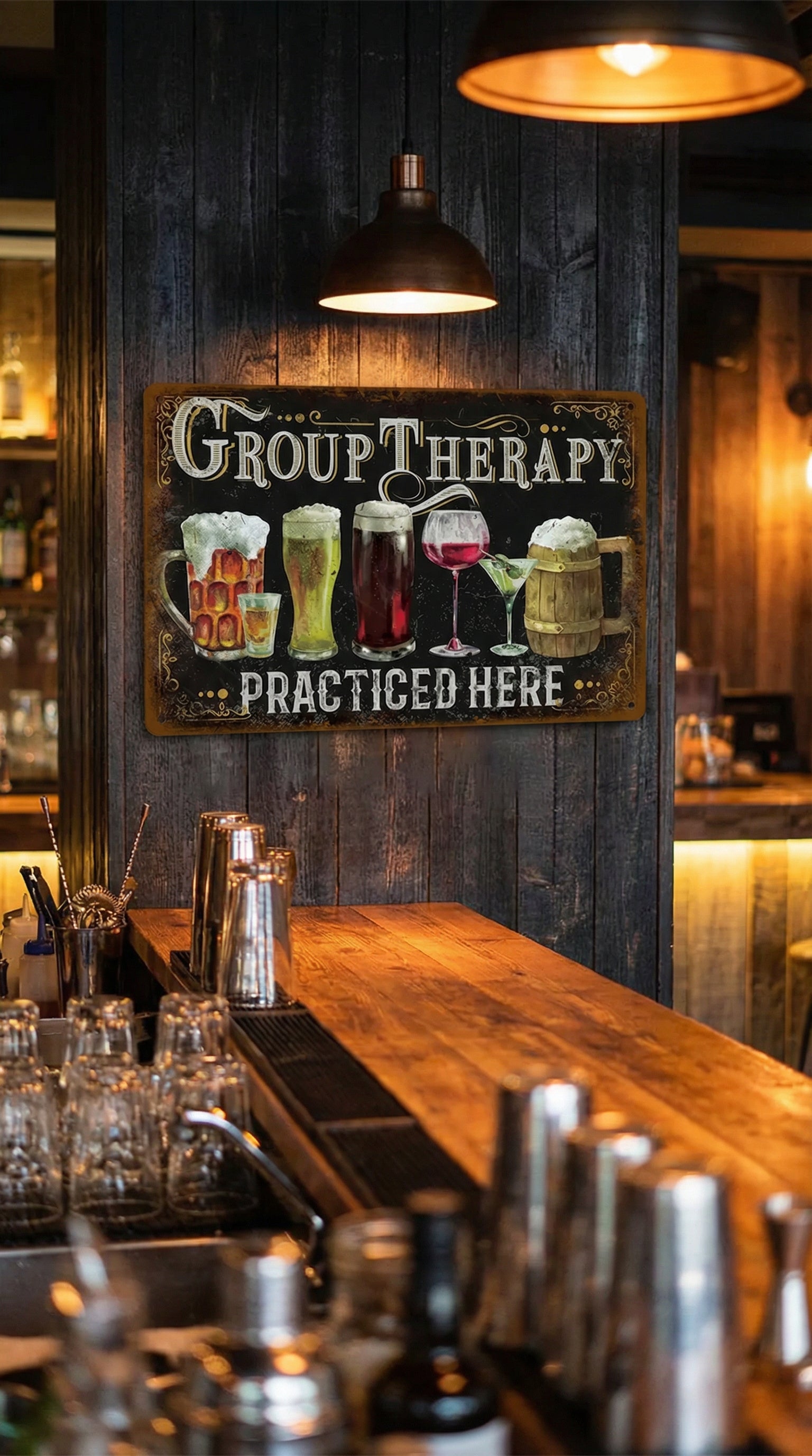 Group Therapy Practiced Here metal tin sign displayed on rustic dark wood wall in bar setting with warm pendant lighting, wooden bar counter, and glassware, featuring hand-drawn illustrations of beer glasses, wine glass, whiskey tumbler and wooden beer mug with bold GROUP THERAPY typography in cream and brown lettering with decorative scrollwork on rich dark brown background with weathered rustic edges