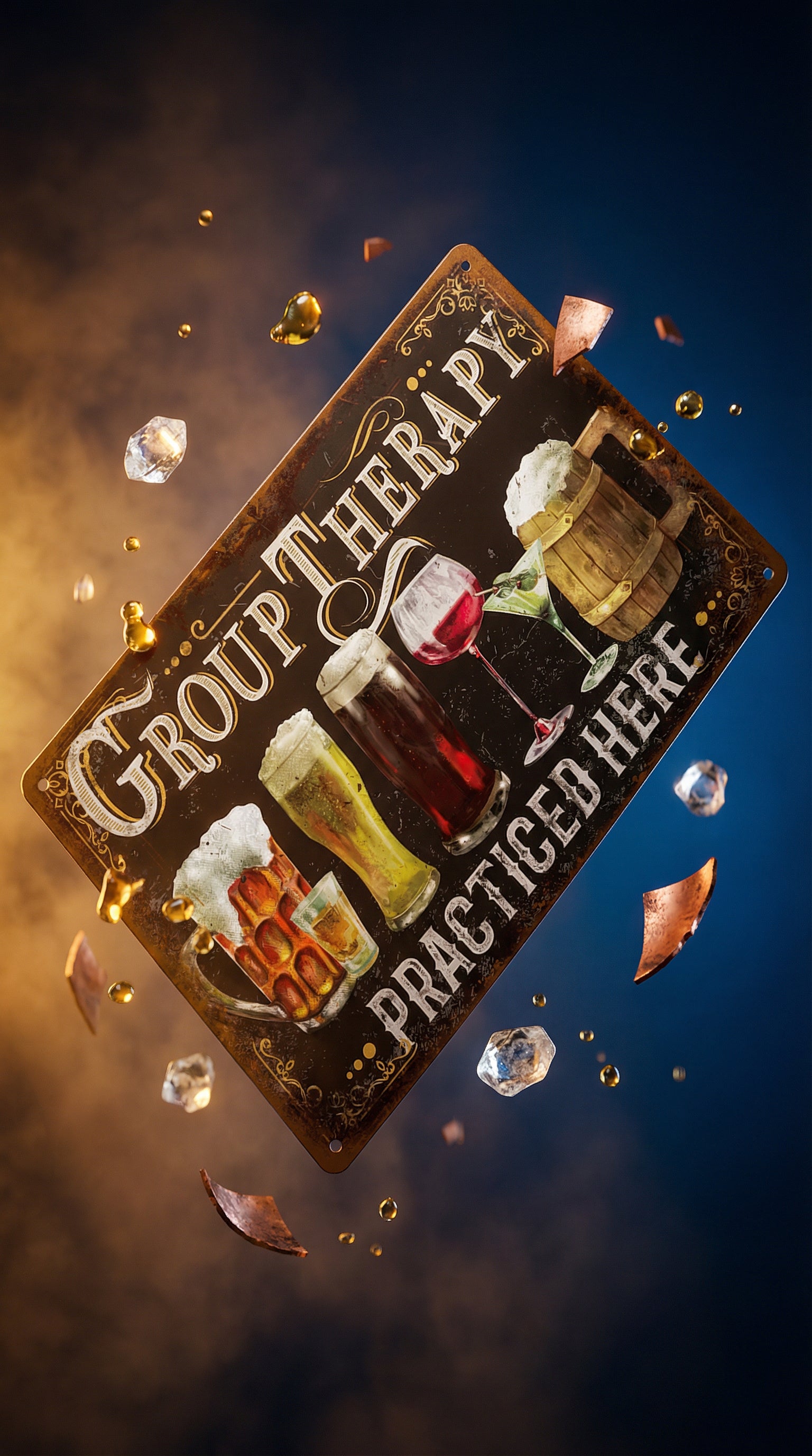 Group Therapy Practiced Here metal tin sign floating at dynamic angle against gradient blue and amber background with scattered ice cubes and water droplets, featuring hand-drawn illustrations of tall beer glass, wine glass, whiskey tumbler and wooden beer mug with bold GROUP THERAPY typography in cream and brown lettering with decorative scrollwork on rich dark brown background with weathered rustic edges