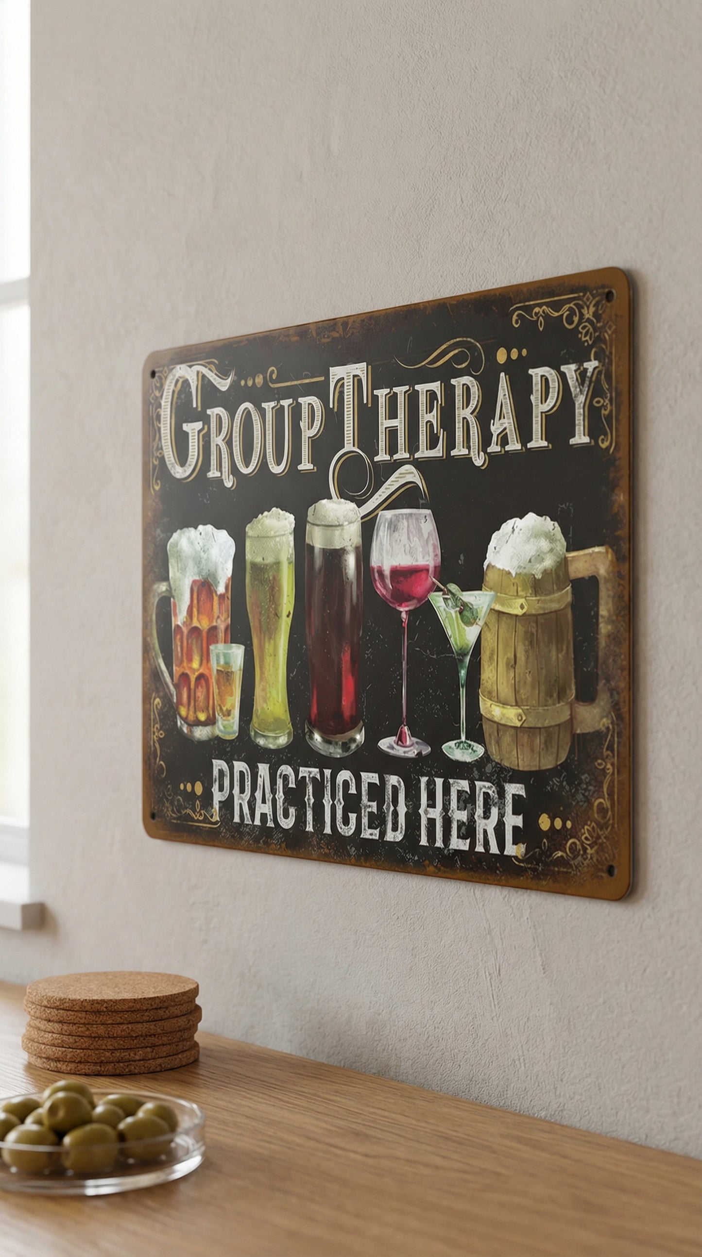 Group Therapy Practiced Here metal tin sign mounted on white wall above wooden counter with cork coasters and bowl of olives, featuring hand-drawn illustrations of tall beer glass, wine glass, whiskey tumbler and wooden beer mug with bold GROUP THERAPY typography in cream and brown lettering with decorative scrollwork on rich dark brown background with weathered rustic edges