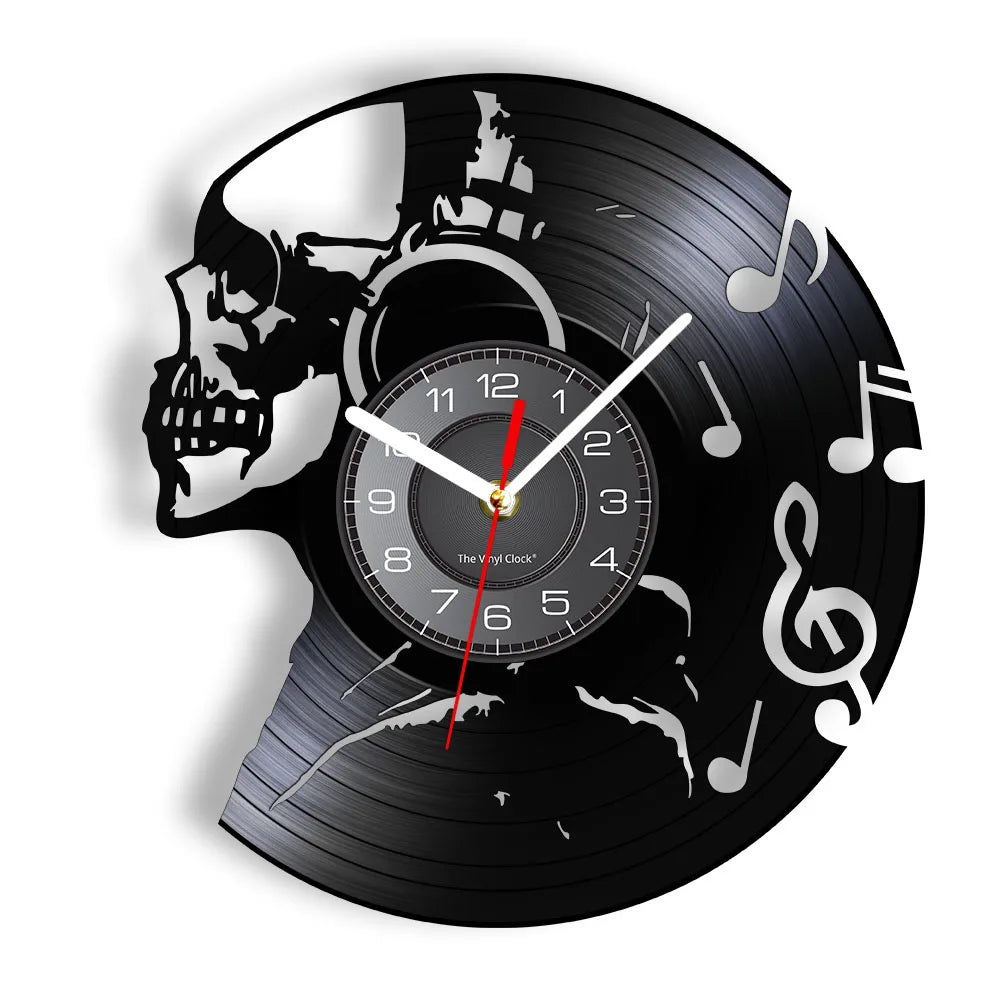 Music Never Dies Skull Vinyl Record Wall Clock with musical notes design - retro music-themed wall decor for music lovers