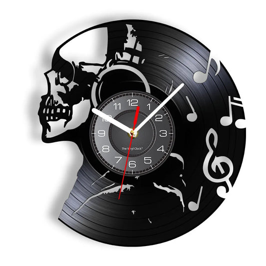 Music Never Dies Skull Vinyl Record Wall Clock with musical notes design - retro music-themed wall decor for music lovers