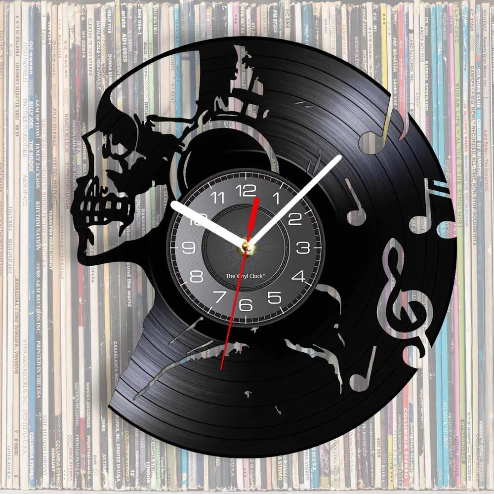Music Never Dies Skull Vinyl Record Wall Clock showing precision-cut design - unique retro clock for man cave and music room - record stack