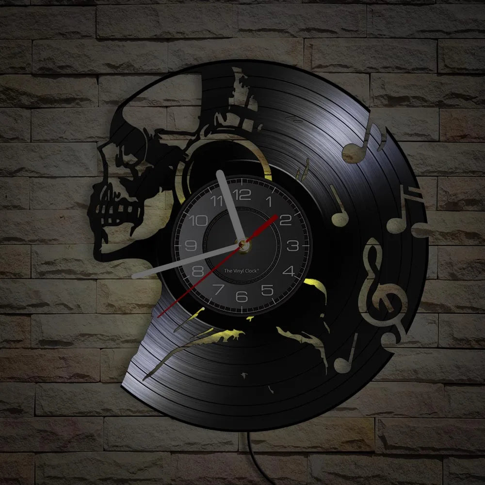Music Never Dies Skull Vinyl Record Wall Clock showing precision-cut design - unique retro clock for man cave and music room - yellow LED
