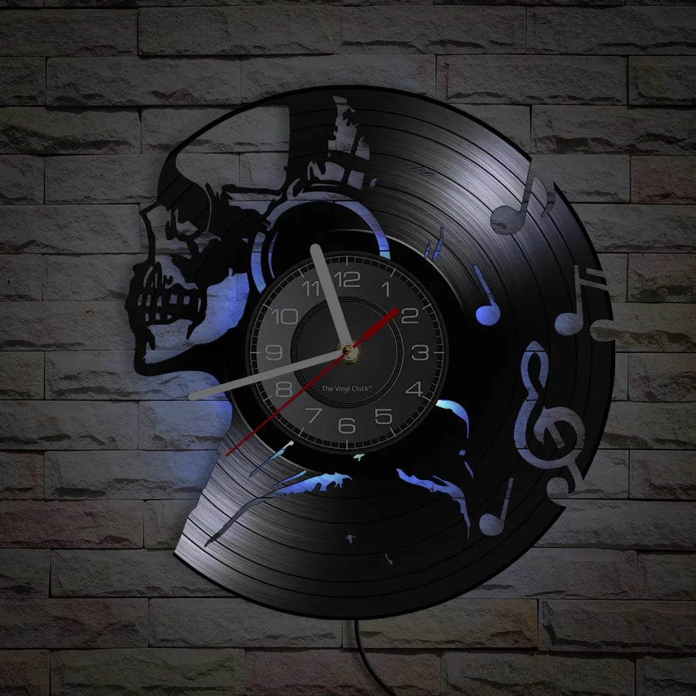 Music Never Dies Skull Vinyl Record Wall Clock showing precision-cut design - unique retro clock for man cave and music room - blue