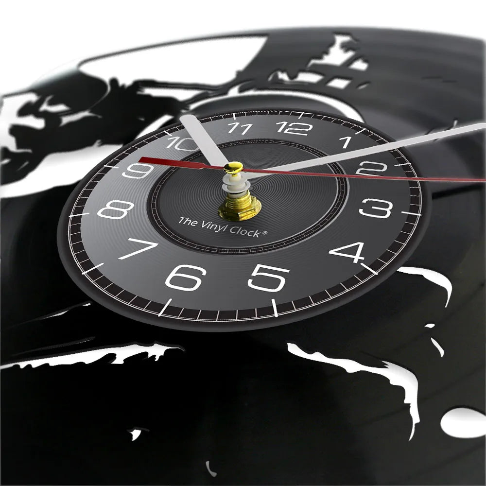 Music Never Dies Skull Vinyl Record Wall Clock showing precision-cut design - unique retro clock for man cave and music room - close up of clock