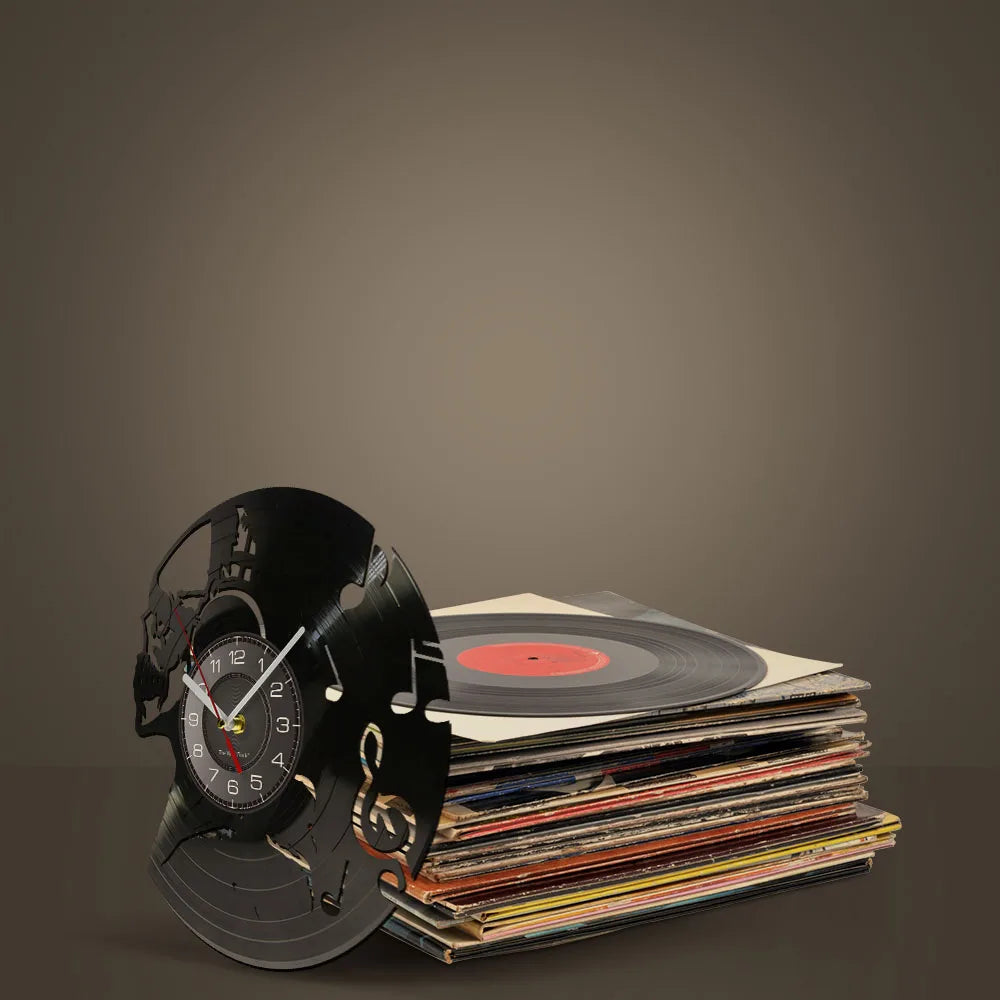 Music Never Dies Skull Vinyl Record Wall Clock showing precision-cut design - unique retro clock for man cave and music room - vinyl records