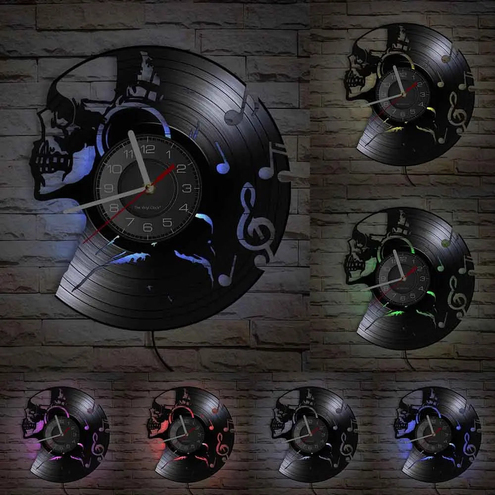 Music Never Dies Skull Vinyl Record Wall Clock showing precision-cut design - unique retro clock for man cave and music room - different selectable LED lights