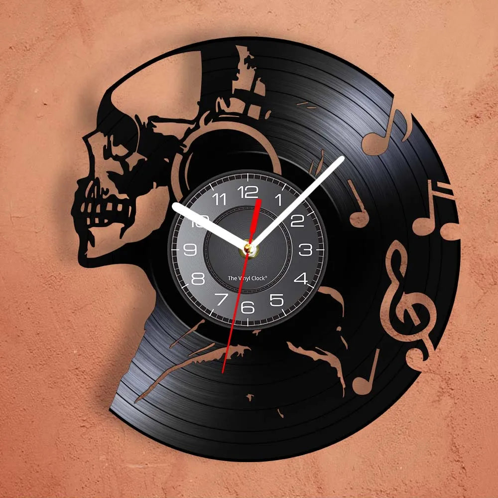 Music Never Dies Skull Vinyl Record Wall Clock showing precision-cut design - unique retro clock for man cave and music room - against wall