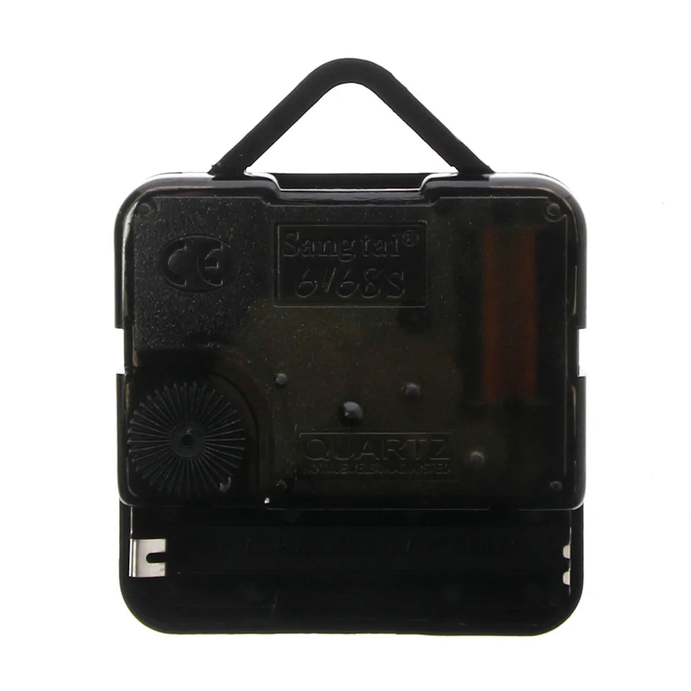 Black clock movement mechanism on a white background