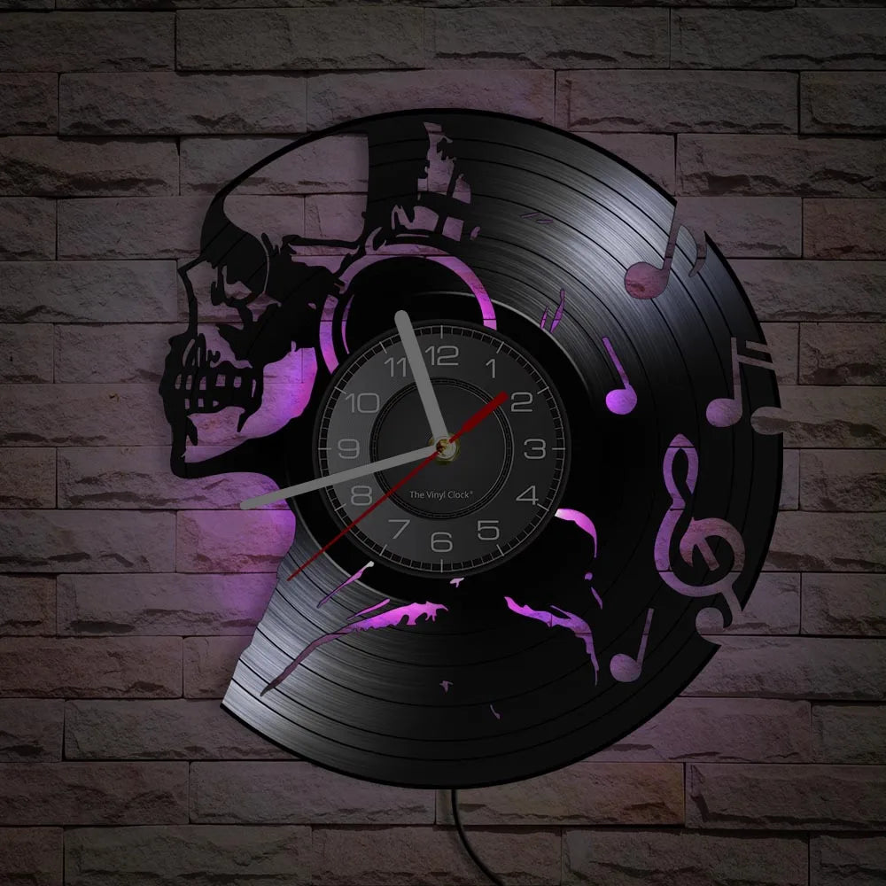 Music Never Dies Skull Vinyl Record Wall Clock showing precision-cut design - unique retro clock for man cave and music room - purple LED