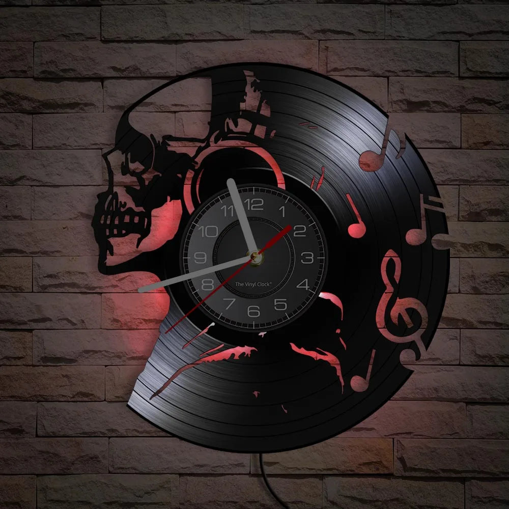 Music Never Dies Skull Vinyl Record Wall Clock showing precision-cut design - unique retro clock for man cave and music room - red LED