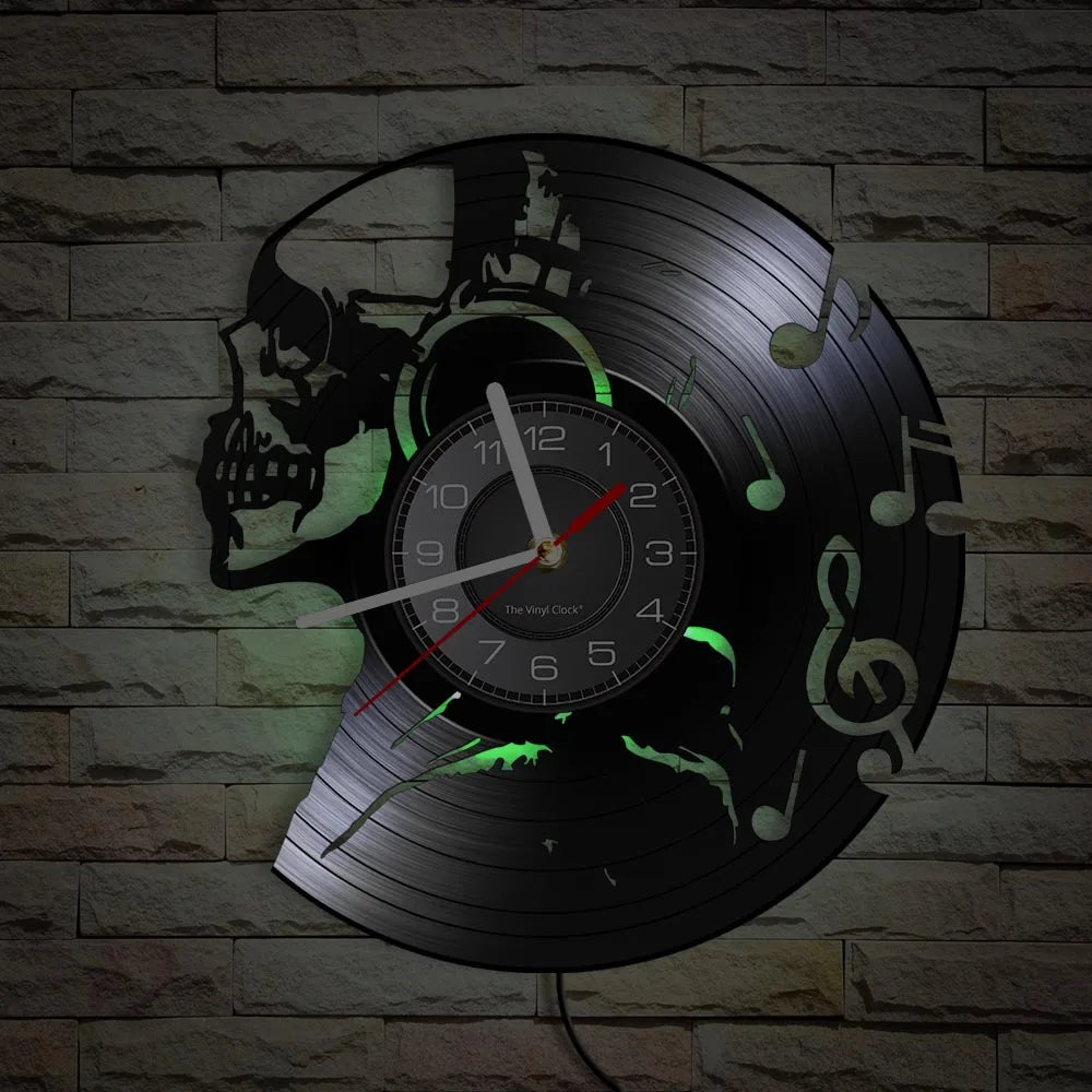 Music Never Dies Skull Vinyl Record Wall Clock showing precision-cut design - unique retro clock for man cave and music room - green LED