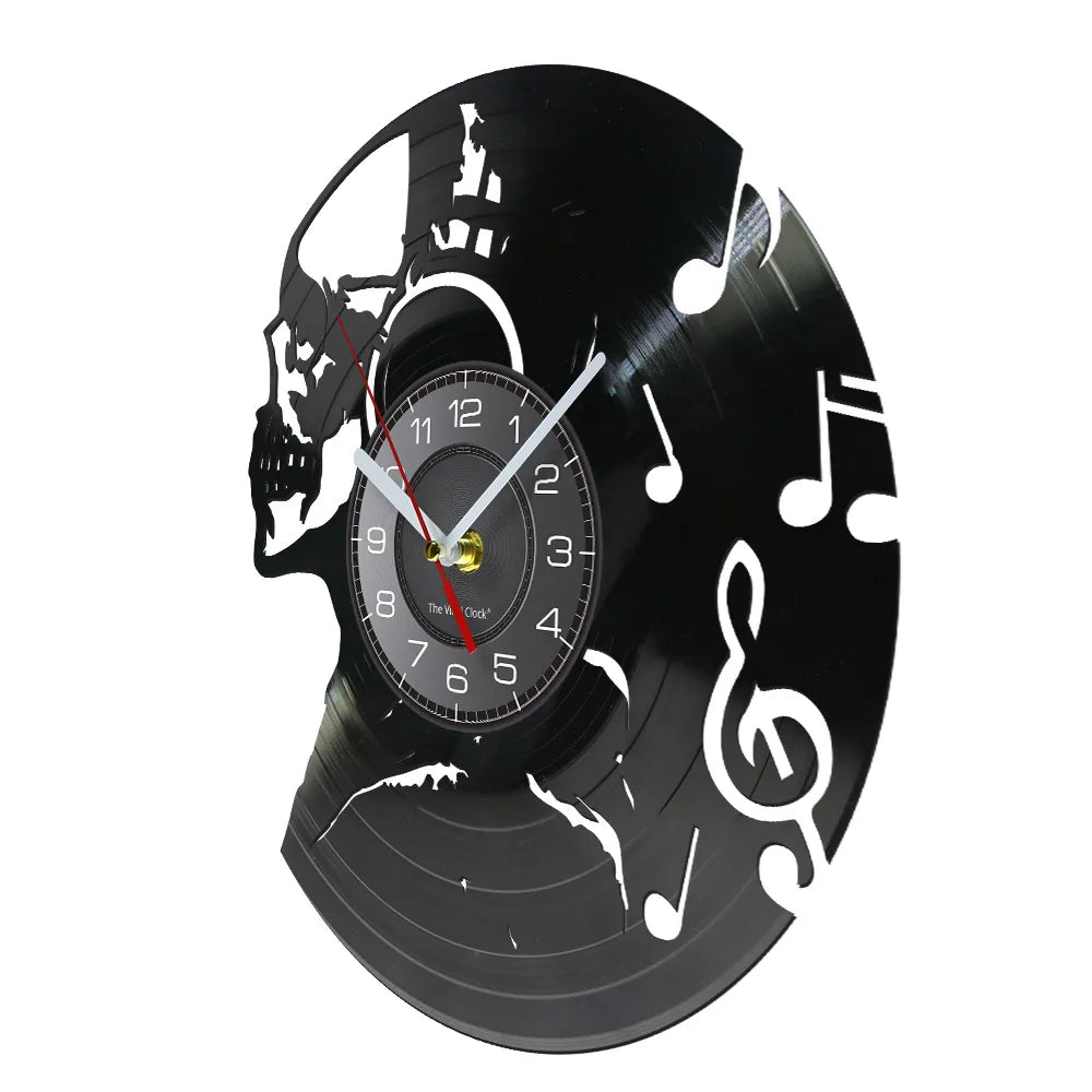 Music Never Dies Skull Vinyl Record Wall Clock showing precision-cut design - unique retro clock for man cave and music room - on angle