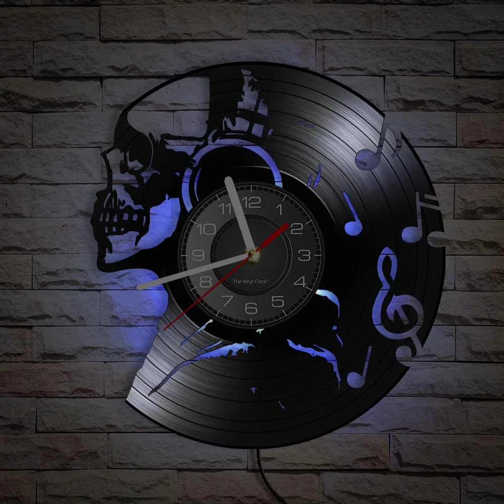 Music Never Dies Skull Vinyl Record Wall Clock showing precision-cut design - unique retro clock for man cave and music room - blue LED