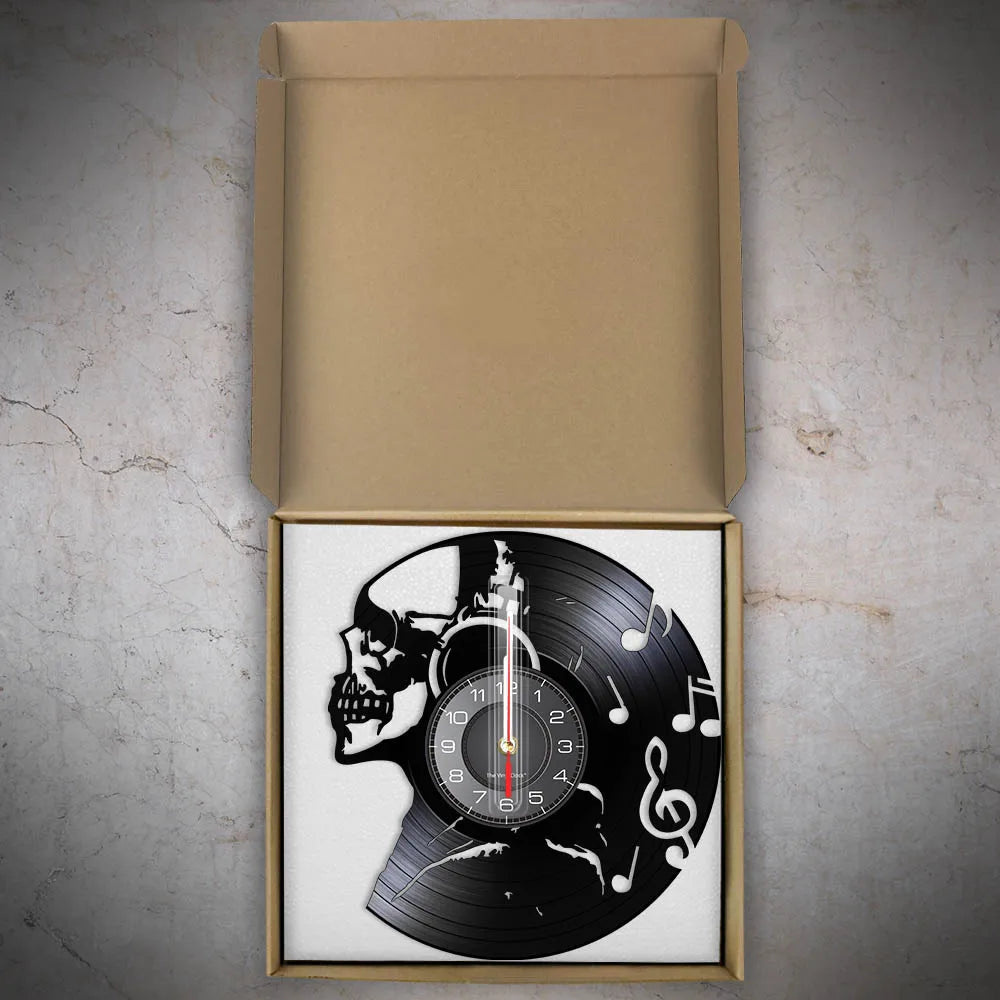 Music Never Dies Skull Vinyl Record Wall Clock showing precision-cut design - unique retro clock for man cave and music room - vinyl clock boxed and protected