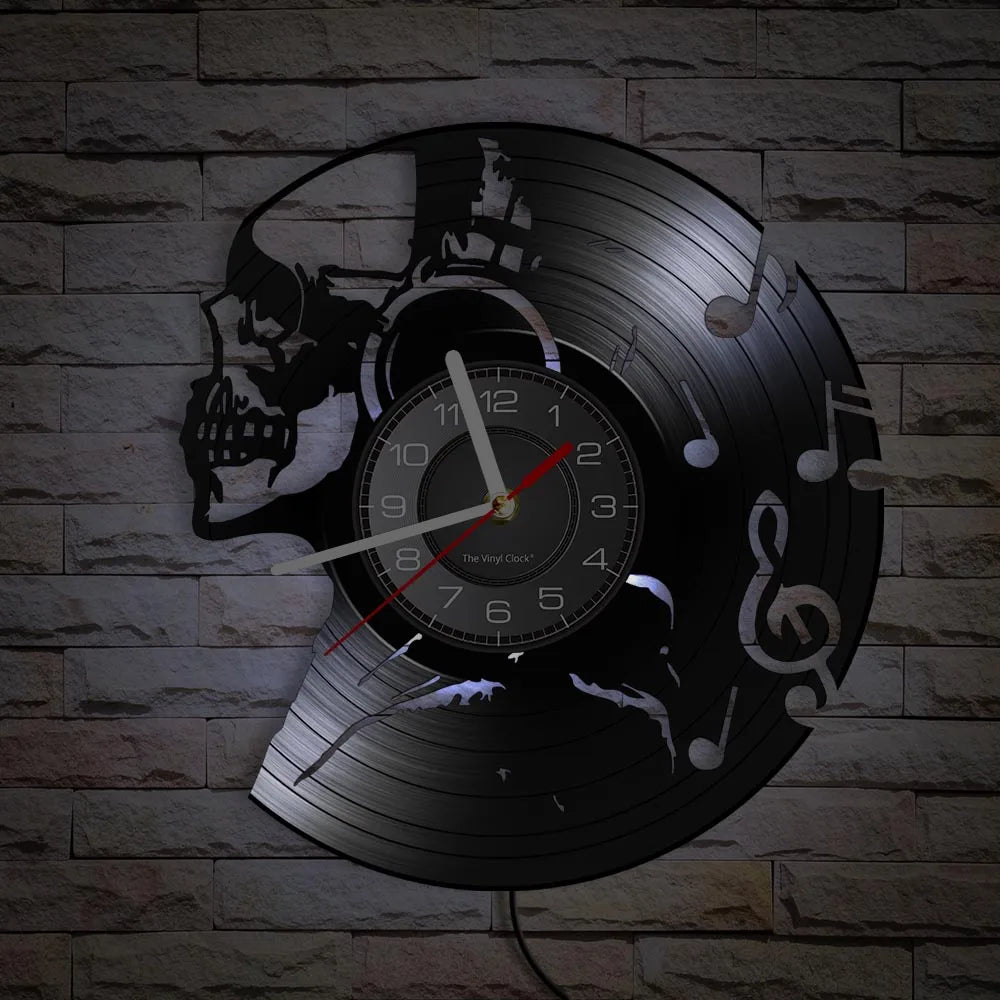 Music Never Dies Skull Vinyl Record Wall Clock showing precision-cut design - unique retro clock for man cave and music room - LED