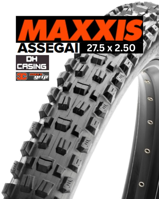 Maxxis Assegai bicycle tire with tread pattern and branding on a white background