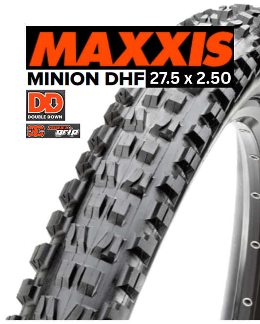 Maxxis Minion DHF bicycle tire with tread pattern and branding on a white background