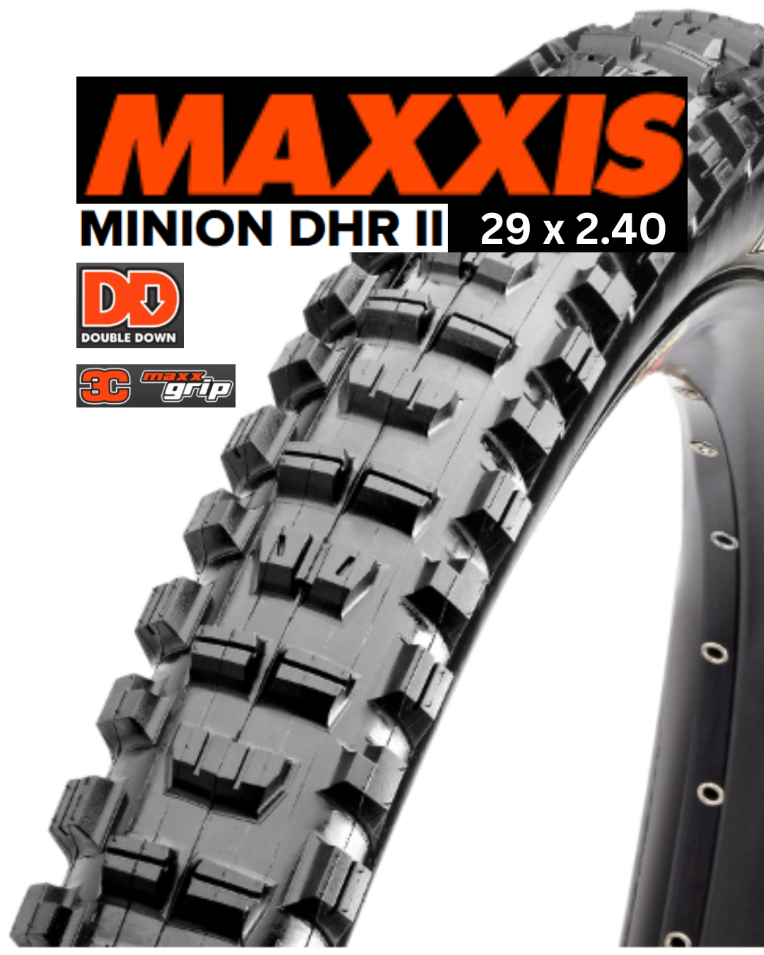 Maxxis Minion DHR II bike tire with tread pattern and branding on a white background