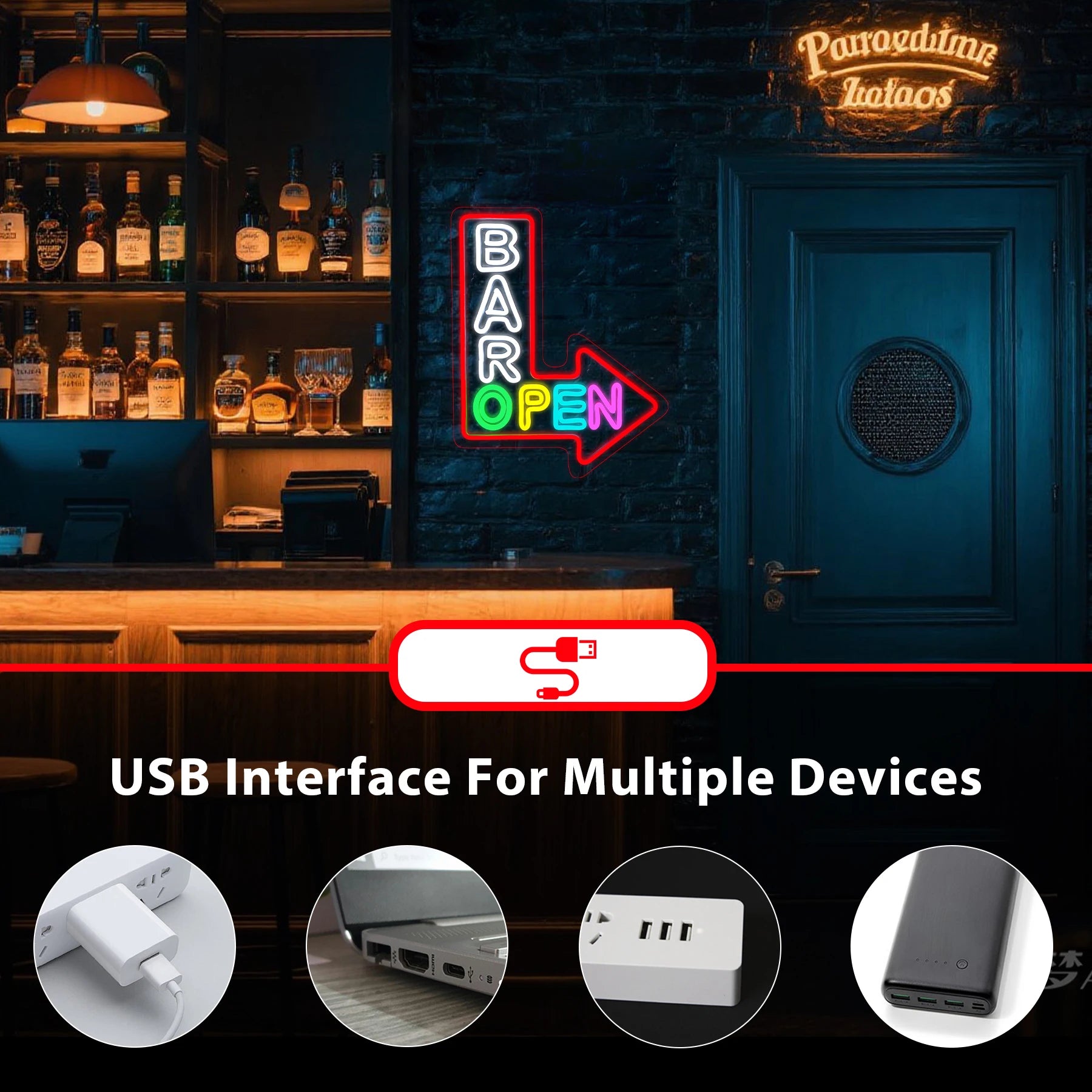 BAR OPEN LED neon light product specifications and installation details diagram