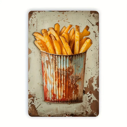 French fries metal tin sign featuring realistic hand-drawn illustration of golden crispy fries in classic red and white striped container on distressed cream background with weathered rustic edges
