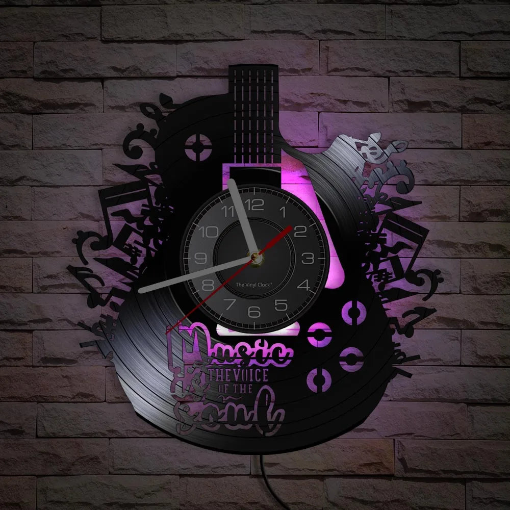 Electric guitar vinyl record wall clock with purple LED backlighting example