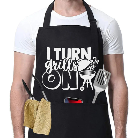 I Turn Grills On BBQ Apron with funny flame and grill graphics - adjustable waterproof grill apron with pockets