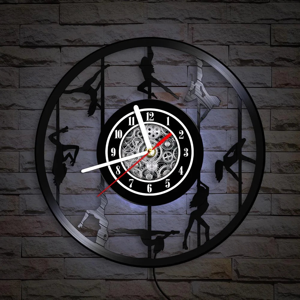 Pole Dance vinyl record wall clock with white LED backlighting example
