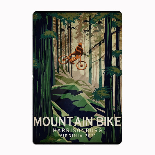Mountain Bike Enduro & Downhill metal tin sign featuring dramatic mountain biker navigating through mystical forest landscape with towering trees and atmospheric green lighting