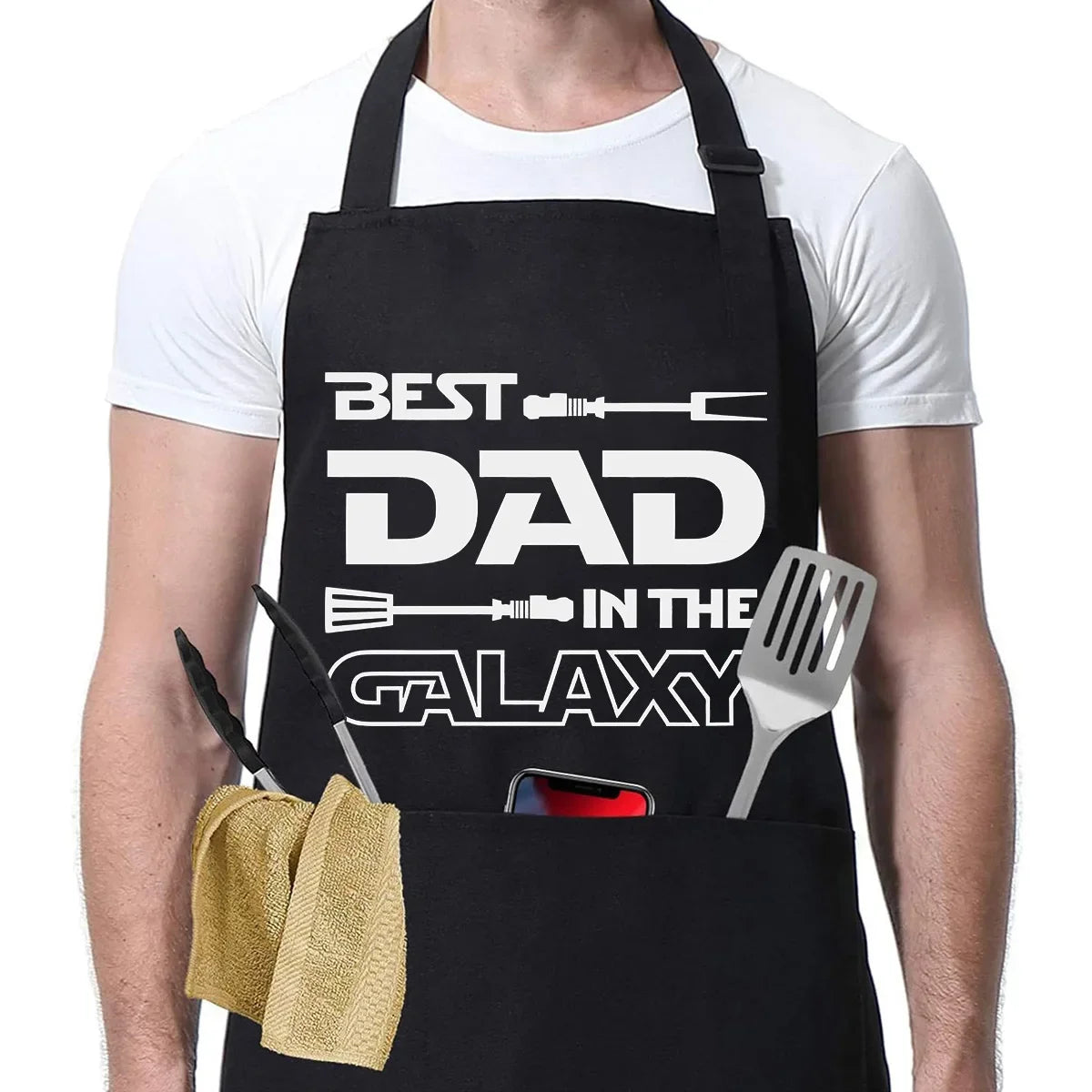 Best Dad in the Galaxy BBQ Apron with Star Wars style text - adjustable waterproof grill apron with pockets for Father's Day