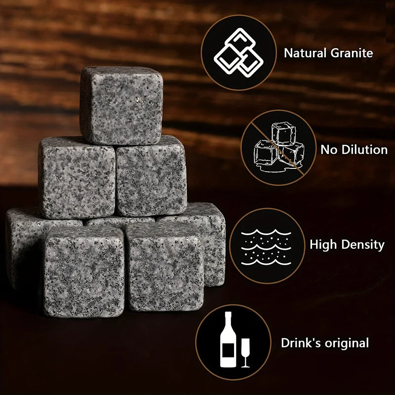 Whiskey Stones Gift Set with Glasses including granite chilling cubes and whiskey glasses in wooden box - complete premium bar set - granite cube information