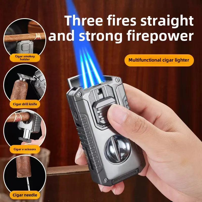 Deluxe Triple-Flame Cigar Lighter with Cutter & Holder