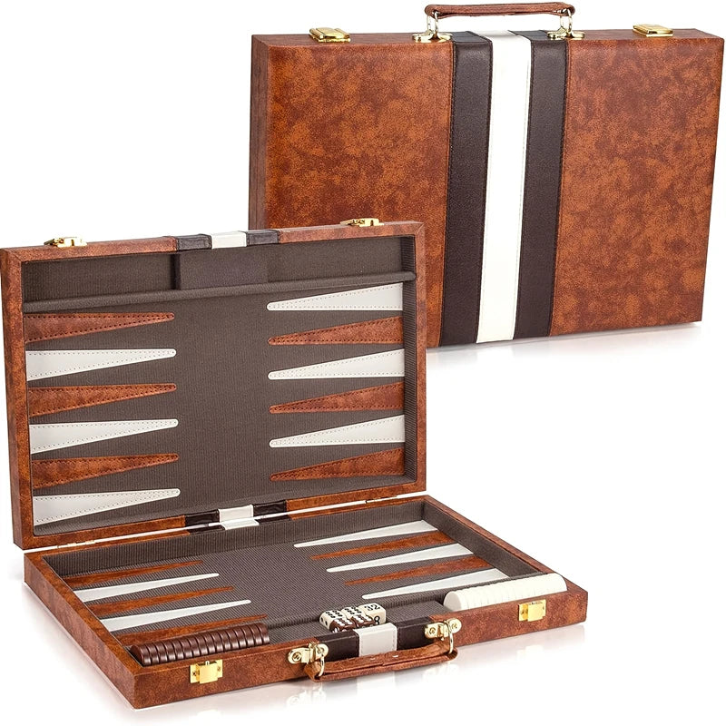 Classic Backgammon Set with premium leather folding board, checkers, and dice - complete travel game - checkers