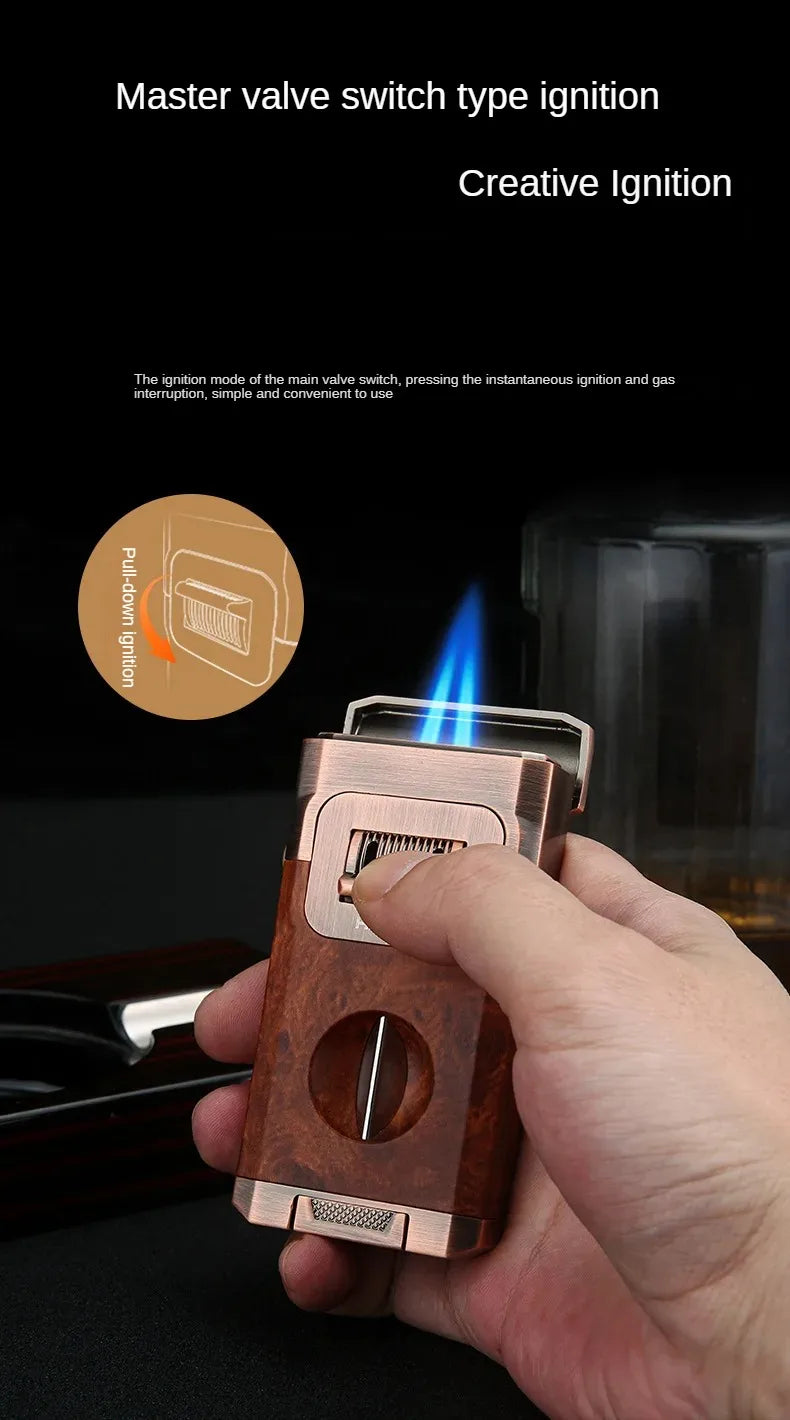 Dual-Flame Cigar Lighter in elegant gift box with built-in cutter and holder features - pull down ignition