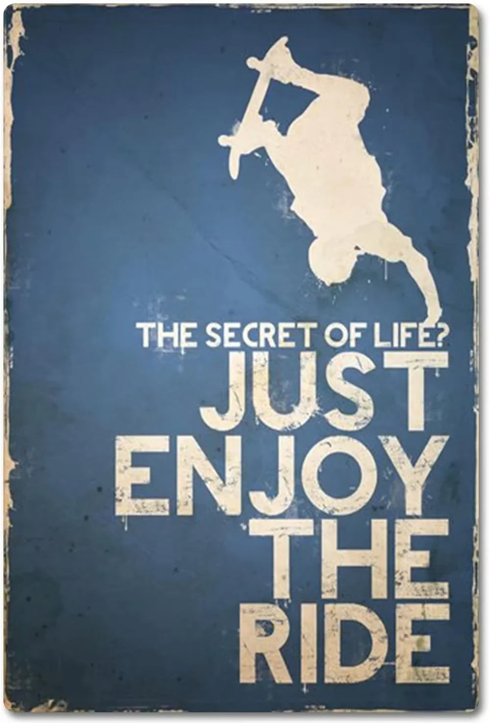 Just Enjoy the Ride mountain bike poster featuring inspirational quote with mountain biker silhouette on vintage blue distressed background