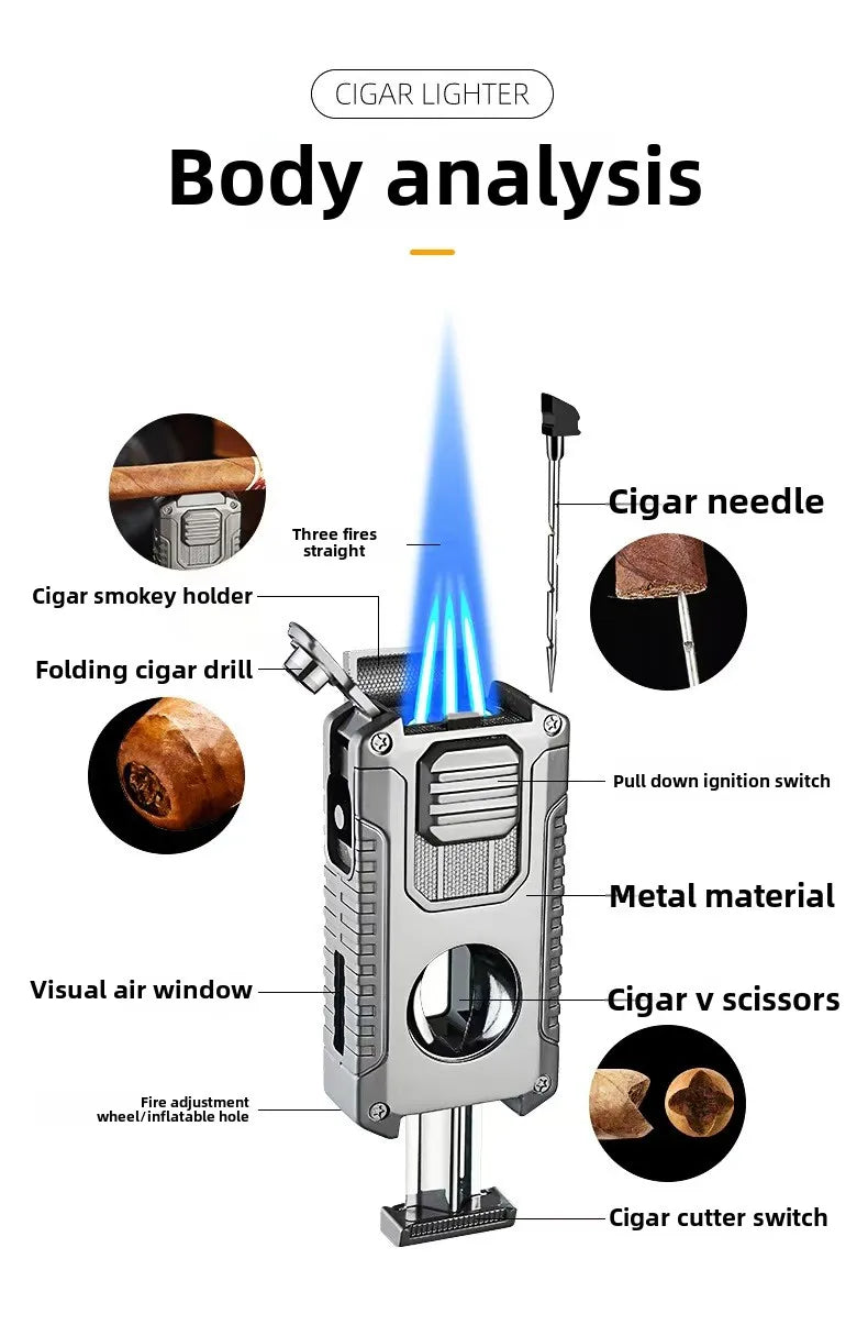 Deluxe Triple-Flame Cigar Lighter with Cutter & Holder